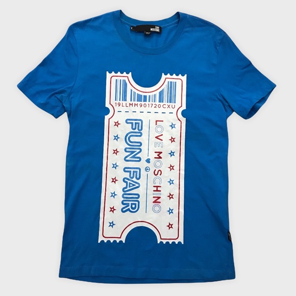 Men’s Moschino Graphic T-Shirt Fun Fair Ticket Blue Carnival Love Tee Sm… - Picture 2 of 12